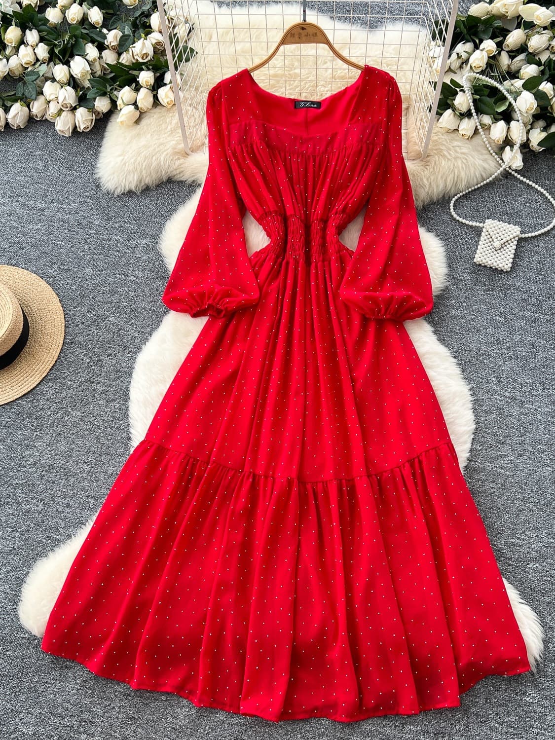 French Vintage Square Neck Lantern Sleeve Rhinestone Dress Women 2025 New Premium Waist-Slimming Elegant Long Dress