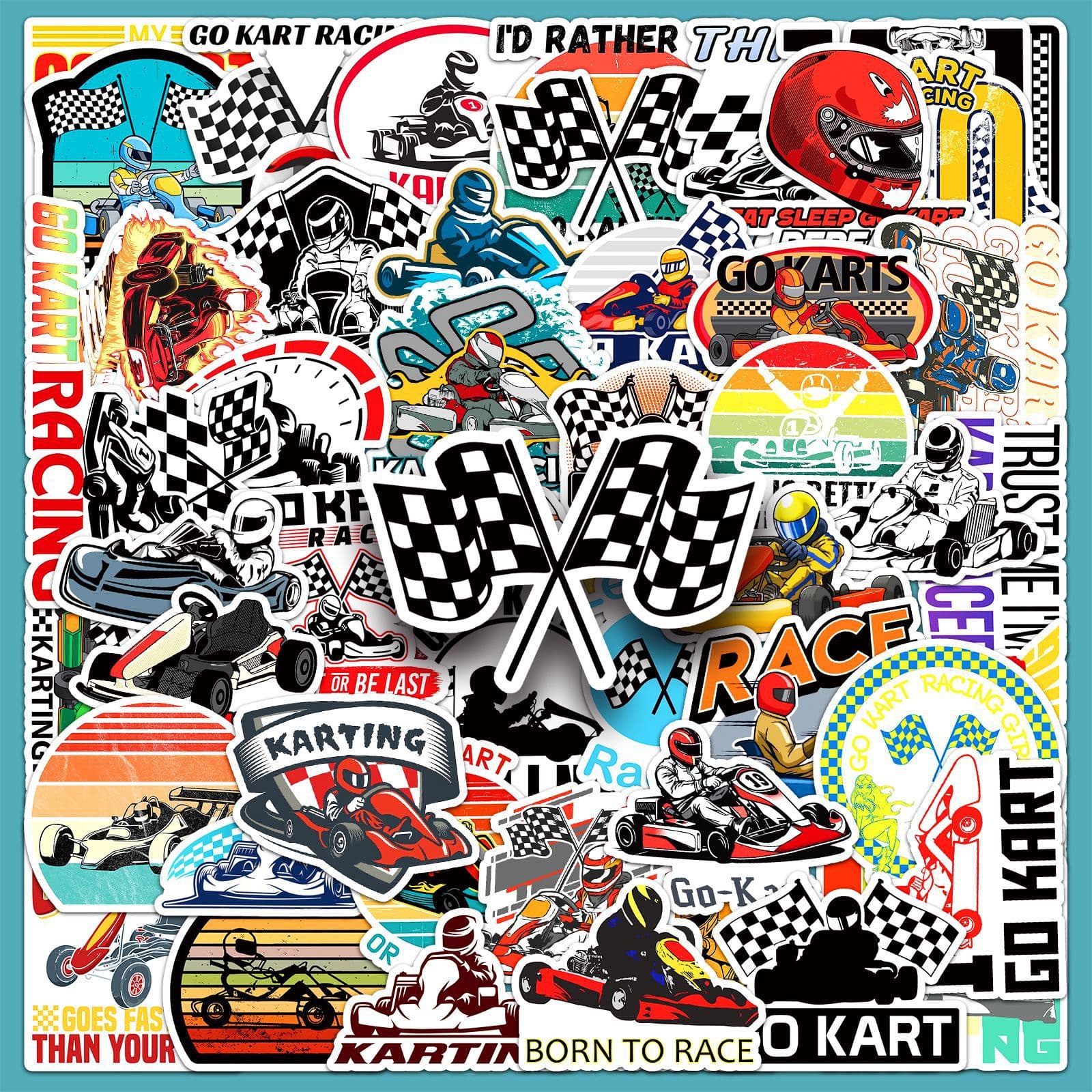 50 kart graffiti stickers, personalized cross-border cool racing competition decoration mobile phone case water cup stickers