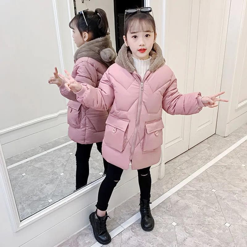 Girls' fleece cotton-padded winter clothing 2021 new style down-padded jacket mid-length coat winter children's cotton-padded clothing