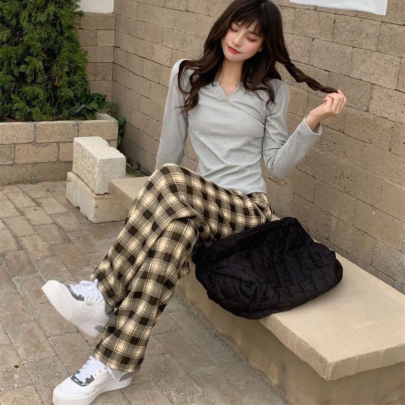 Winter Christmas Leopard Print Fleece Plaid High-Waist Casual Wide-Leg Pants with Warm Lining, Versatile Slimming Floor-Length Trousers