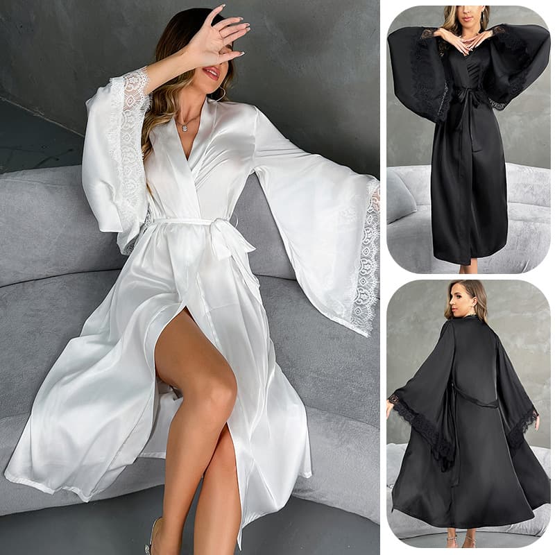 European and American cross-border new satin pajamas for women, lace light luxury long-sleeved cool nightgown, bathrobe, home wear for women 706