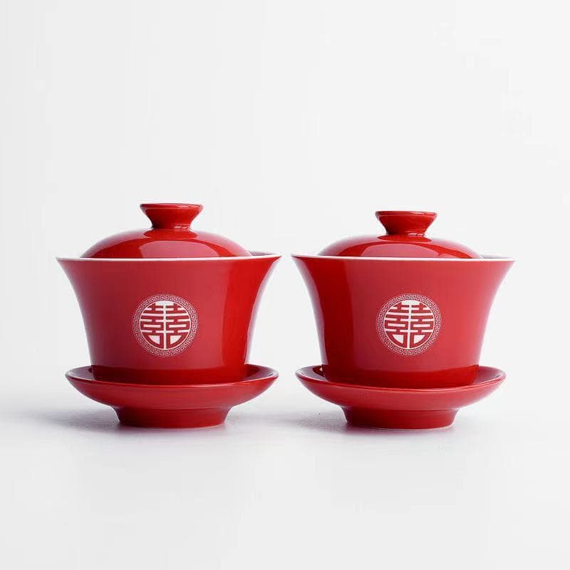 Chinese Tea Set for Wedding Toasting Ritual, Dowry Includes Red Couple's Bowls, Cups, and Chopsticks