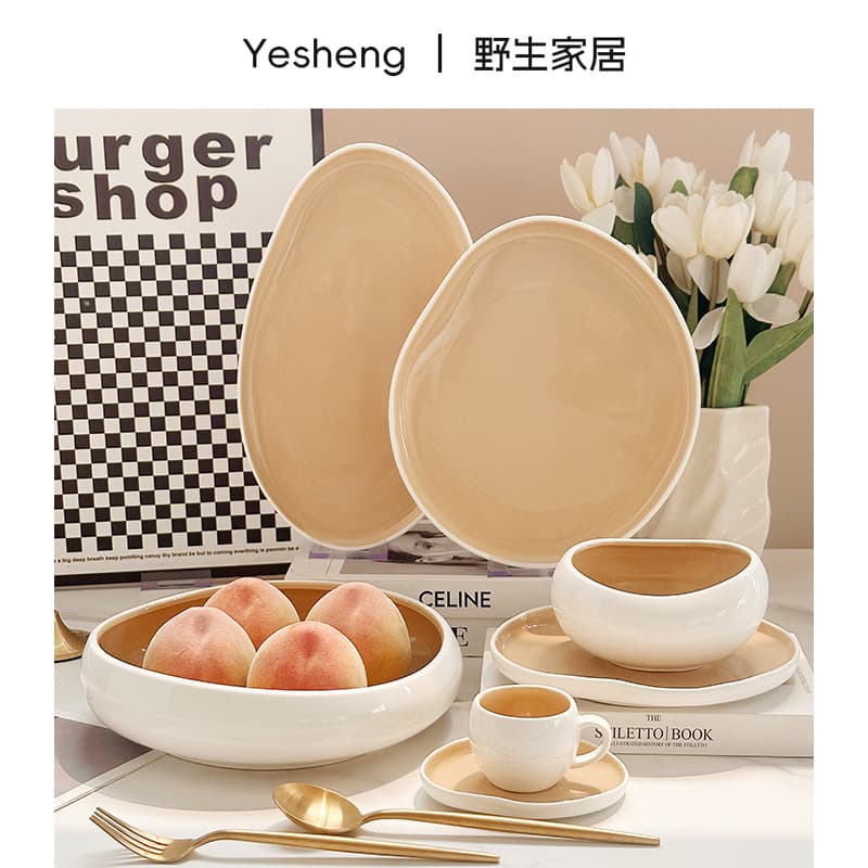Milk Coffee Dual-Glaze Ceramic Dinnerware Set Irregular Relief French Bowls Plates Dishes for Home Creative Tableware Wholesale