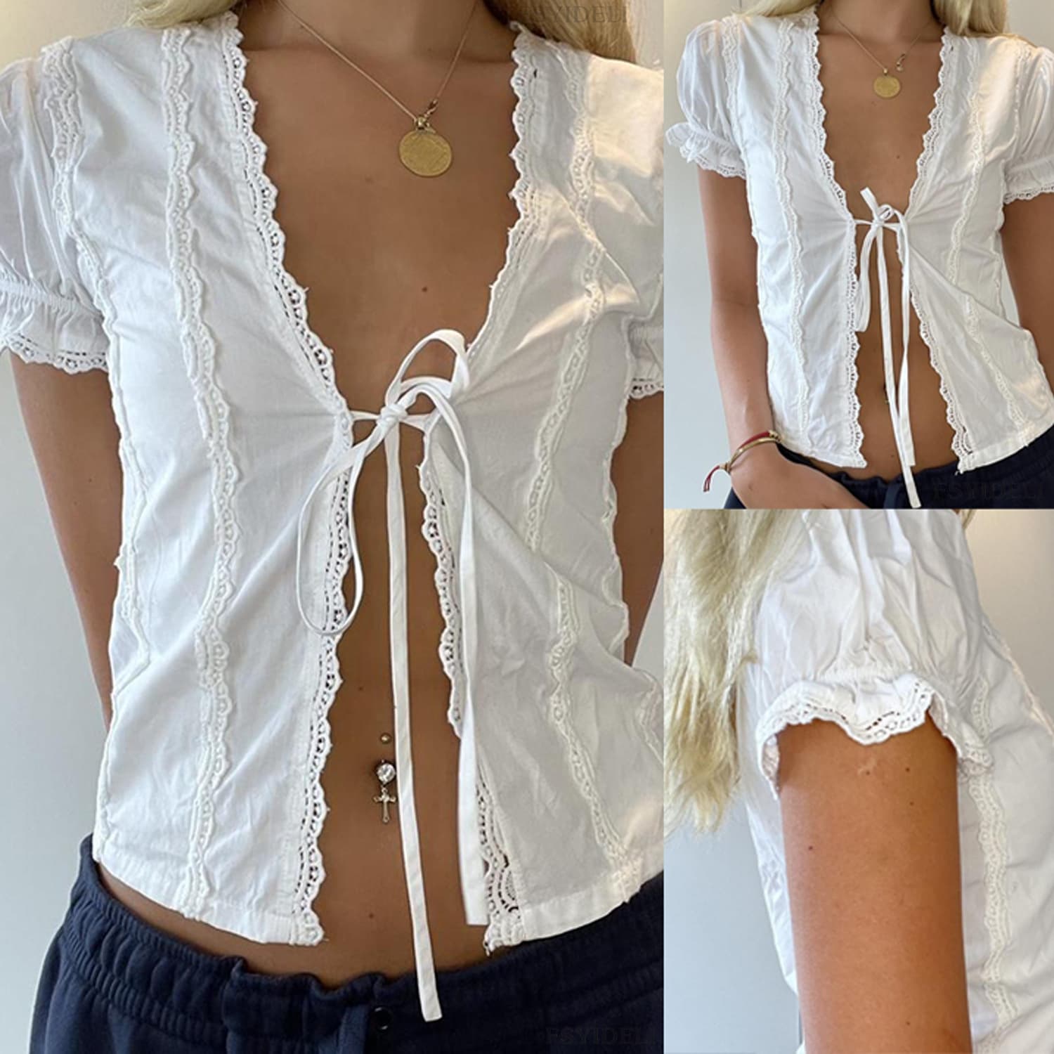 Women's Lace Top Summer Floral Trim Short Pure Color Open Cardigan Crop Top with Bow Tie Sexy Style Polyester Fiber T-shirt