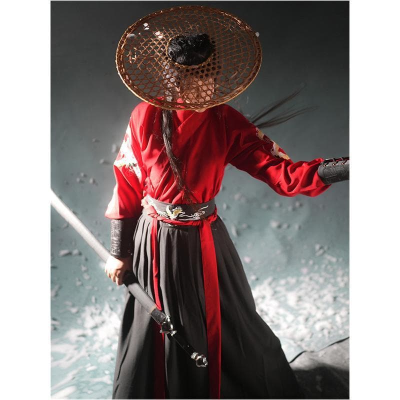 Hanfu Male Ancient Style Handsome Knight Embroidered Cross-Collar Set Unisex Non-Ancient Chinese Style Daily Long Skirt with Embroidery