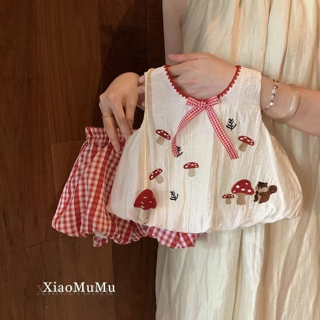 Super Cute Baby Girl Summer Thin Clothes Toddler Adorable Mushroom Embroidery Vest Set Kindergarten Summer Clothes
