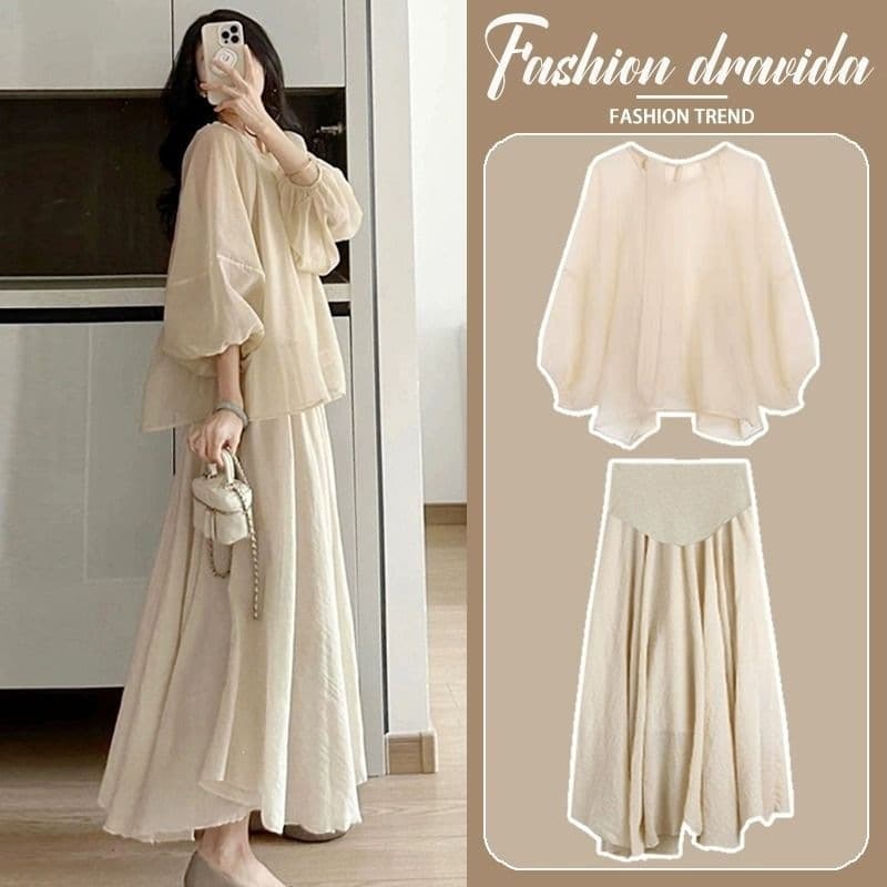 Maternity Dress Set Fashionable Stylish Age-Defying Top Skirt 3-Piece Set 2025 New Spring Summer Autumn
