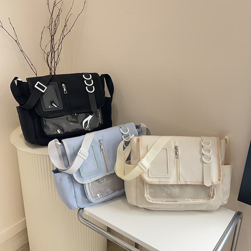 Japanese nylon handbag, college style design, casual splicing shoulder bag, lightweight transparent pain bag, crossbody bag, trendy