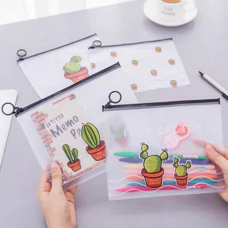 Korean girly pink cactus ring PVC zipper bag, transparent pencil case, student cute EVA file folder