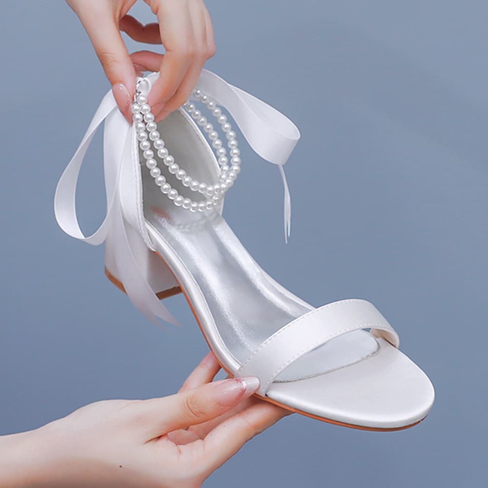 5cm Square Heel Sandals, Low Cut One-Strap Chunky Heel Sandals, Ivory Beaded Streamer Wedding Sandals for Bride