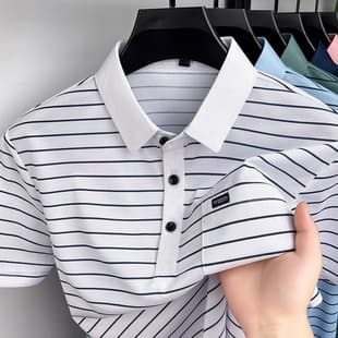 Summer Men's Short Sleeve Collared Shirt Business Men's Top Real Pocket Striped T-Shirt Men's Short Sleeve Polo Shirt
