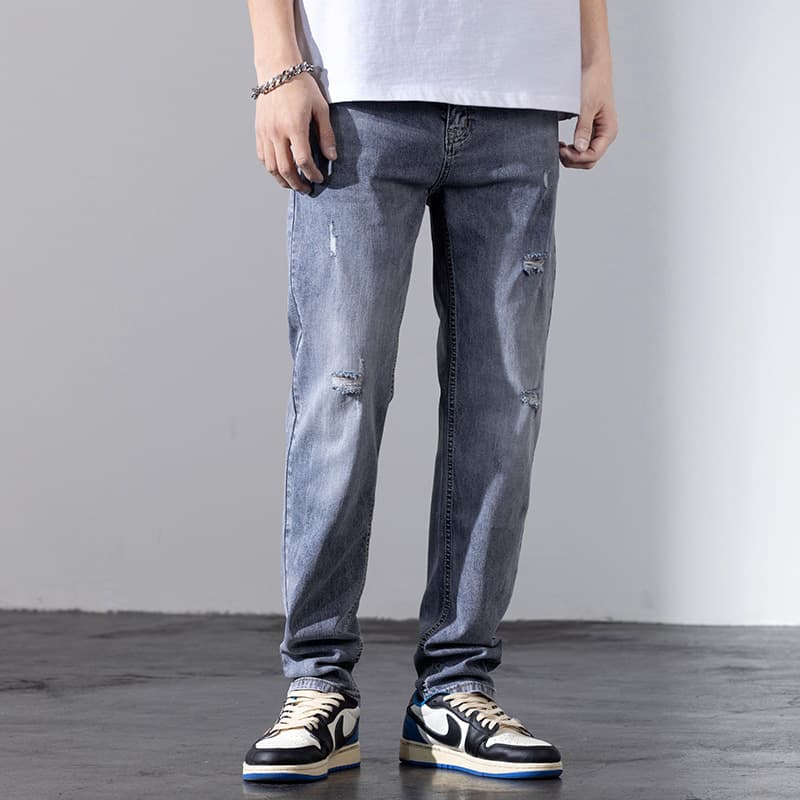 2024 Spring/Summer Slim Straight Stretch Ripped Denim Long Pants for Men JEANS MEN