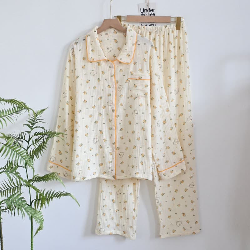 Spring Autumn Winter Lapel Cardigan Cotton Double-layer Bubble Cotton Gauze Pajamas Women's Long-sleeved Pants Home Pajamas Set