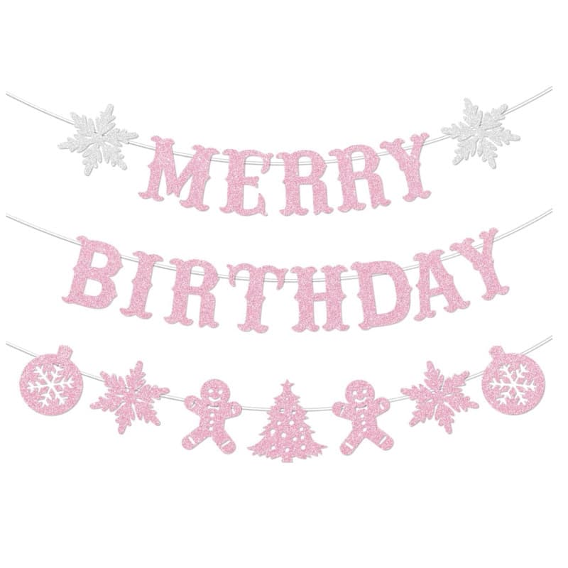 New Merry Birthday banner decoration glitter pink Christmas tree decoration suitable for birthday decoration