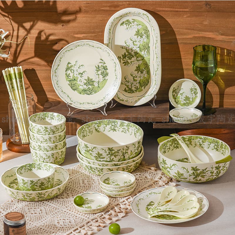Happy Lily of the Valley Ceramic Dinnerware Set - Bowl, Plate, Chopsticks, Spoon, Soup Plate, Glazed Ceramic Tableware