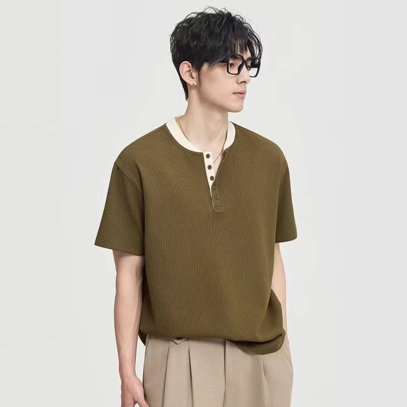 Men's Summer New Arrival Fake Two-Piece Henley Neck Short Sleeve T-Shirt, High-End Loose Fit Fashion Blue Top