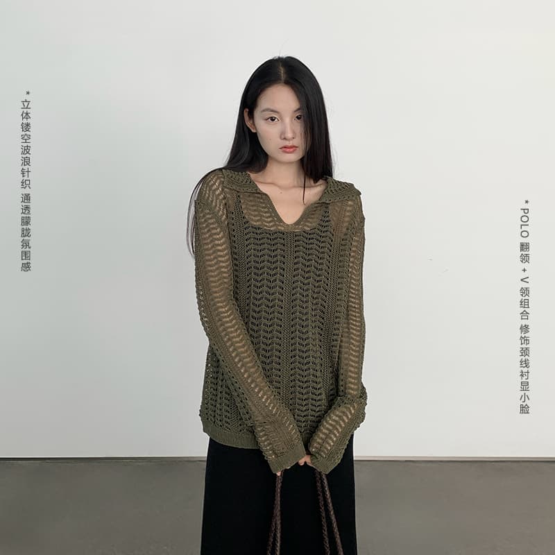 Nan Tao and paper yarn retro old money style hollow sweater women's summer design light and loose long-sleeved blouse