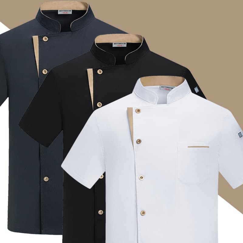 Elastic Short Sleeve Chef Work Uniform Men's Summer Wear Breathable Hotel Restaurant Kitchen Chef Outfit Polyester Fiber