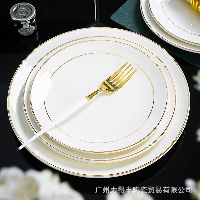Gold Edged Ceramic Plate for Steak And Cold Dish Western Dining Plate Shallow Dish Tableware round Dish Bone Plate Gold Line