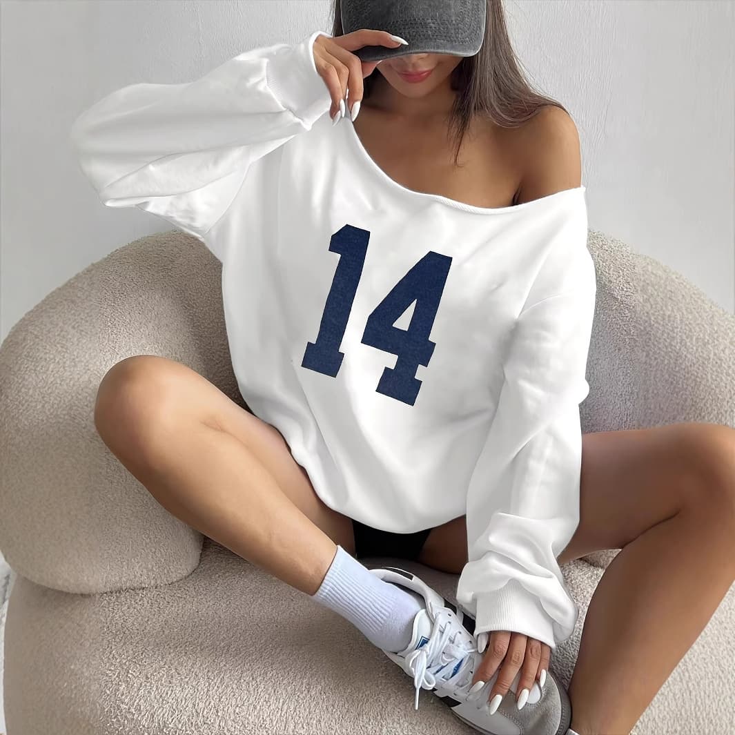 European and American 2025 Women's Digital Print Rolled Hem Wide Neck Loose Sweatshirt Long Sleeve Top Women's Fashion Top