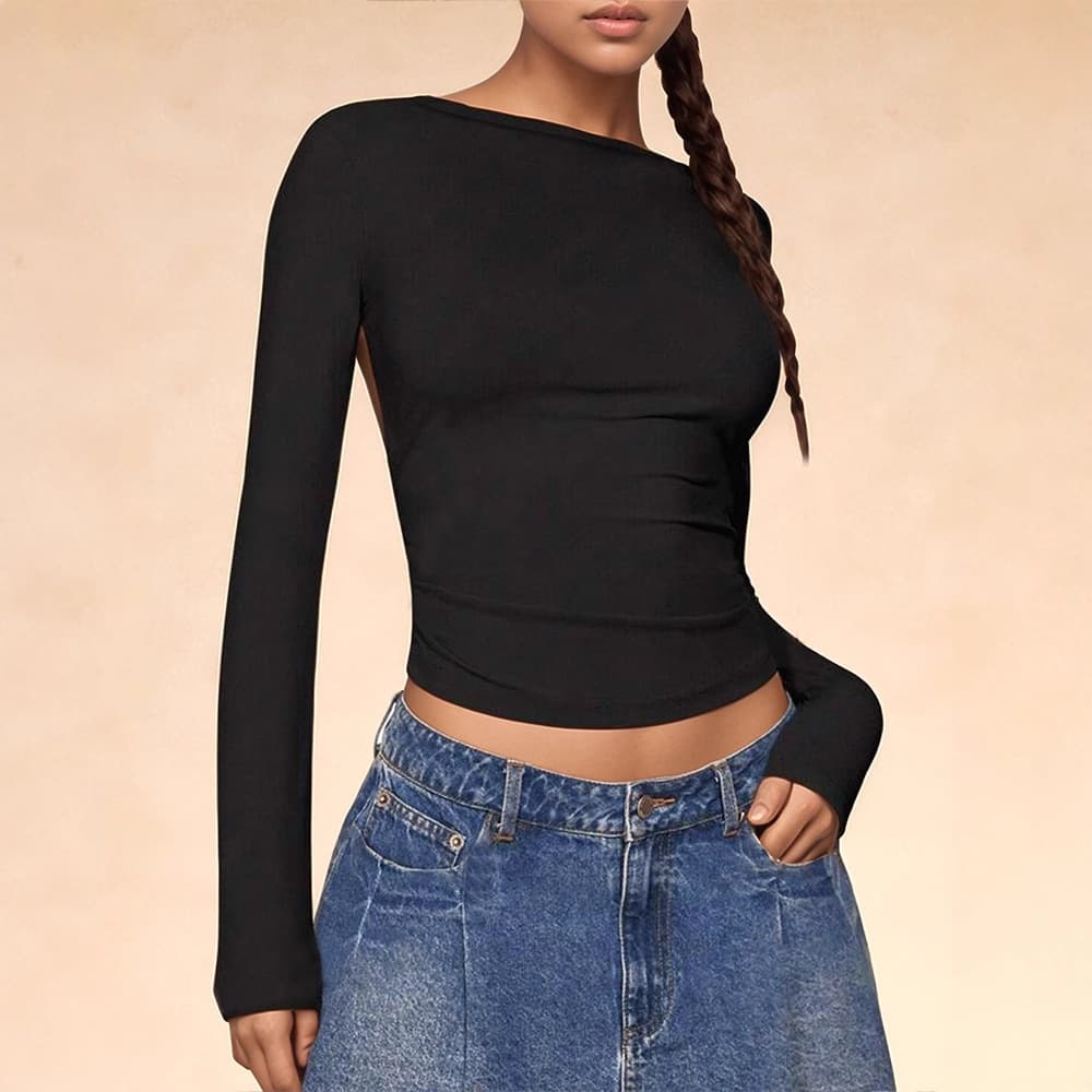 Sexy Backless T-Shirt Women's Pullover Long Sleeve Polyester Fabric round Neck Short Style Commute Fashion Comfortable Casual