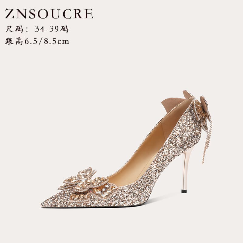 708-A25 New Bow Rhinestone Tassel Sequins Wedding Shoes Banquet Shoes Luxury High Heels Women's Heels