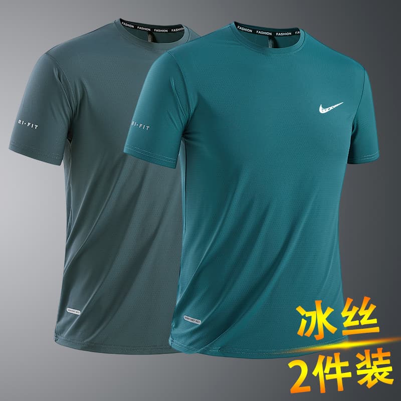 Men's Ice Silk Short Sleeve T-Shirt Casual round Neck Quick Dry Cool Feeling Summer 2025 Large Size Polyester Fiber Basic Style