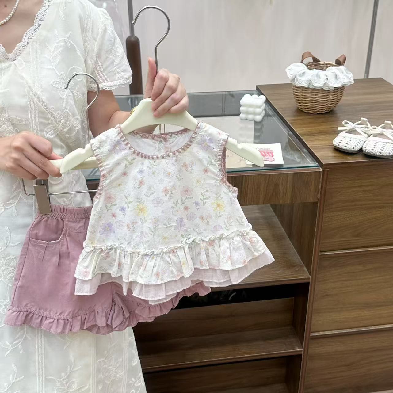 2026 New Girls Two-piece Summer Floral Babydoll Shirt Fashionable Fungus Trimmed Korean Style Lace Pants Set