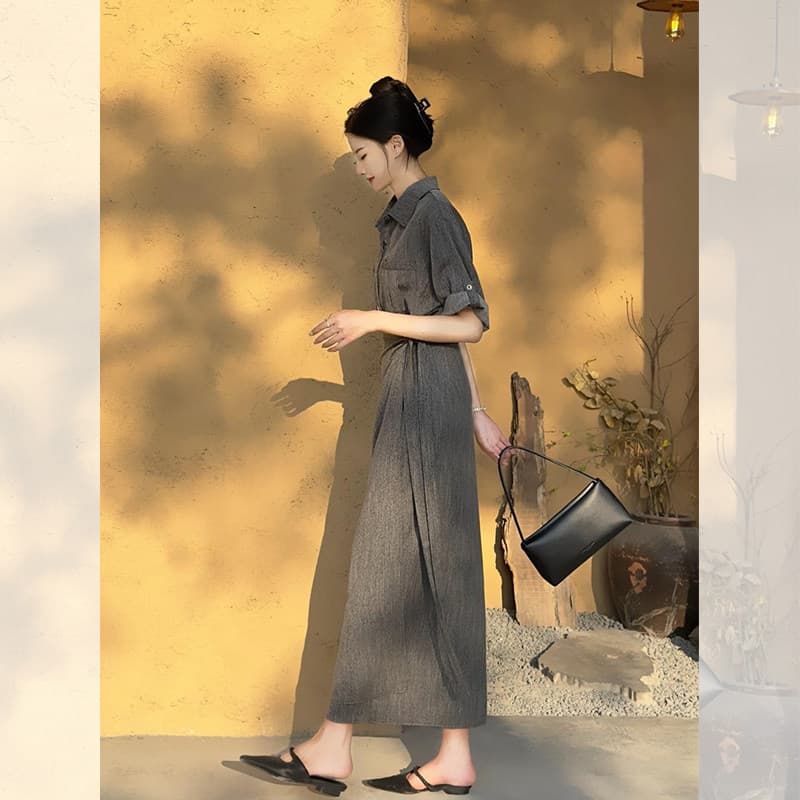 Gray Polo collar shirt suit and skirt for women 2026 summer new style high-end temperament top and skirt two-piece set