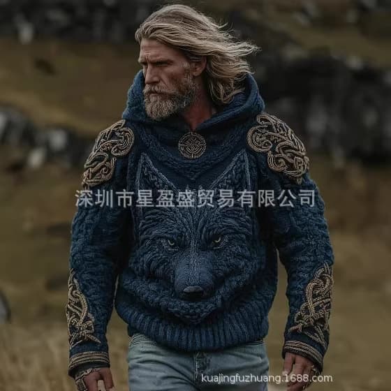 Amazon Independent Site Cross-Border European and American Viking Ethnic Style Men's Hooded Pocketless Casual Printed Sweatshirt