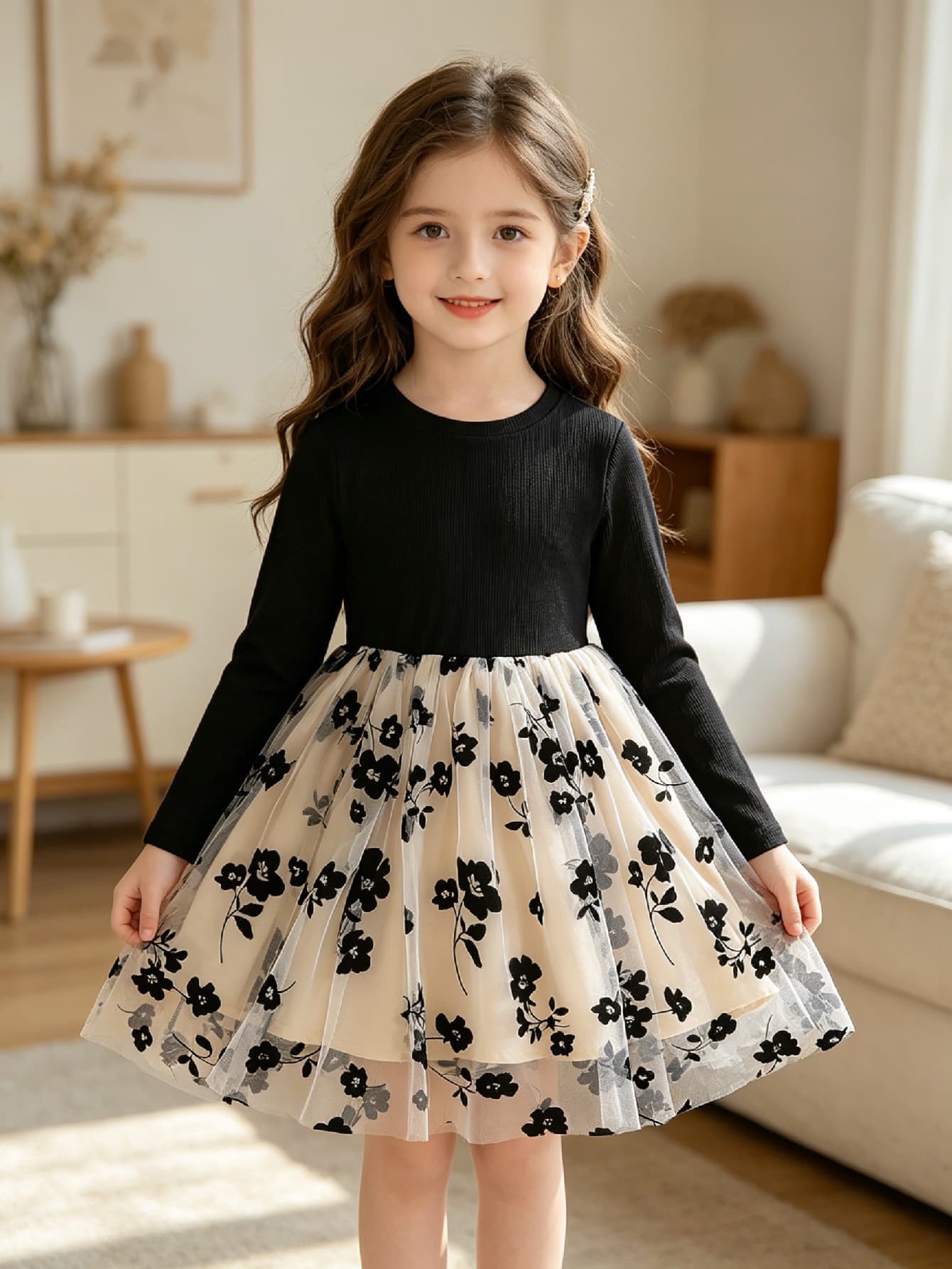 Girls pit pattern long-sleeved black bottom ink floral mesh princess dress spring and autumn children's retro floral puffy dress