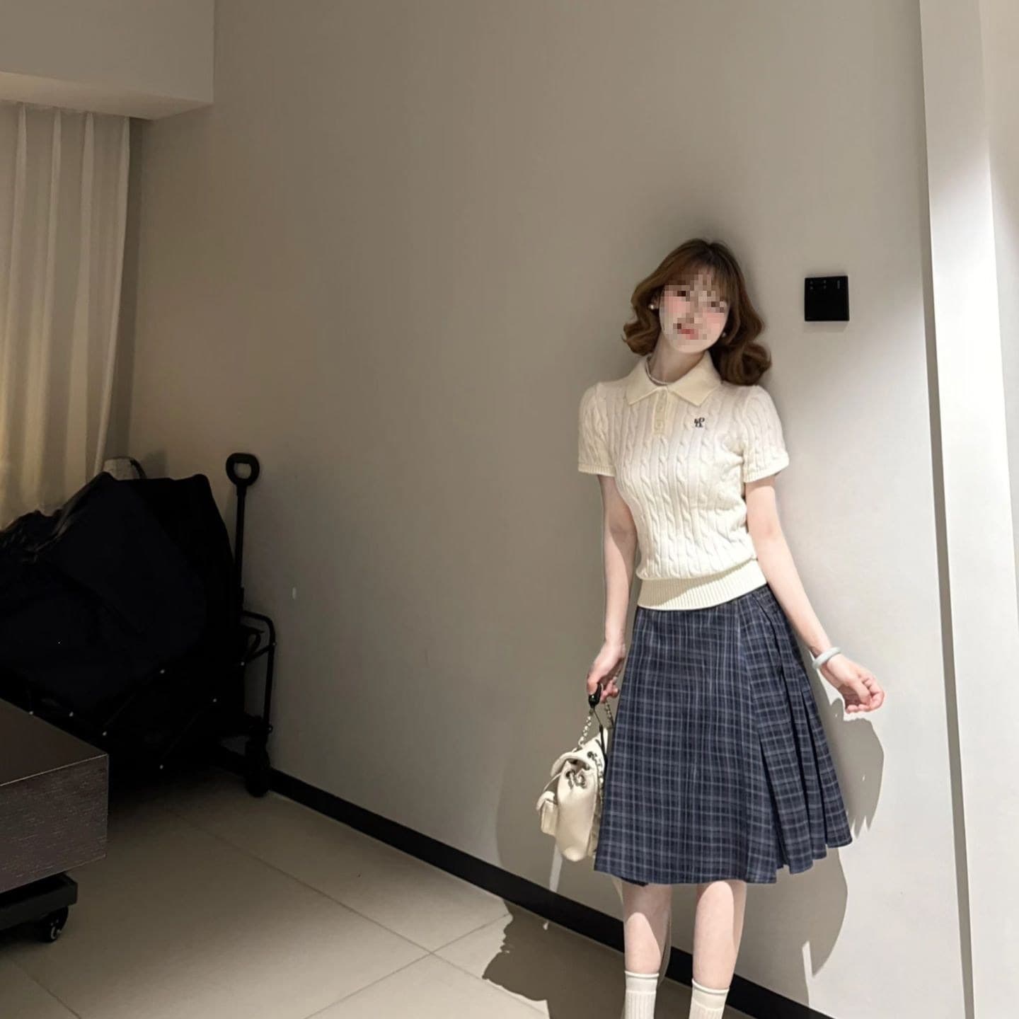 2026 Trendy Outfit Set Preppy Polo Collar Short Sleeve Knit Top Plaid Skirt Two-Piece Set