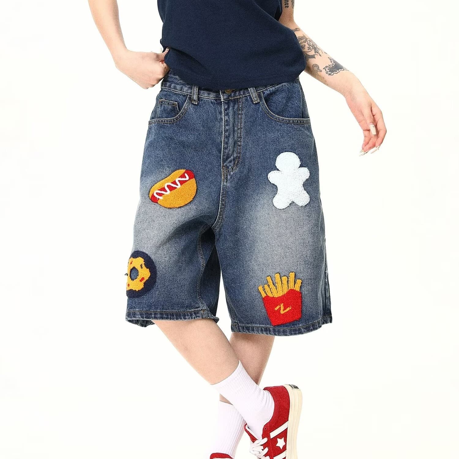 Hamburger Fries Embroidered Denim Shorts for Men and Women, Five-Point Shorts, Summer American Retro Loose Slim Straight Mid-Length Shorts