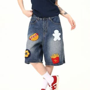 Hamburger Fries Embroidered Denim Shorts for Men and Women, Five-Point Shorts, Summer American Retro Loose Slim Straight Mid-Length Shorts