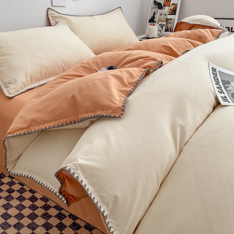 Cross-border ins-style two-tone stripe solid color high GSM thickened water-washed cotton shell-edged single duvet cover and pillowcase three-piece set
