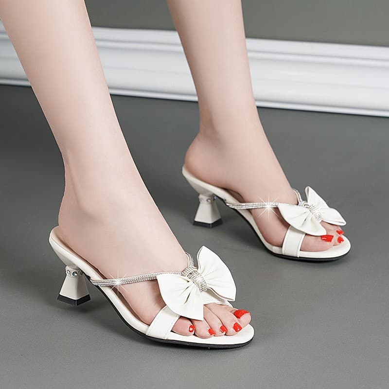 2025 New Bow Design Fashion Rhinestone Slippers Wholesale Exquisite European and American Style High Heel Open Toe Sandals