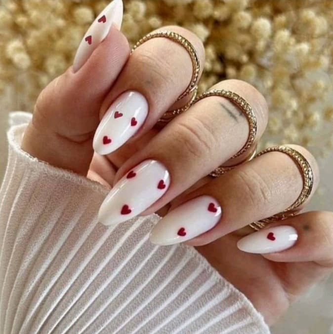 24pcs White with Wine Red Heart Nail Art Valentine's Day Niche Girl Wearable Nails Red Heart Fake Nails Wholesale