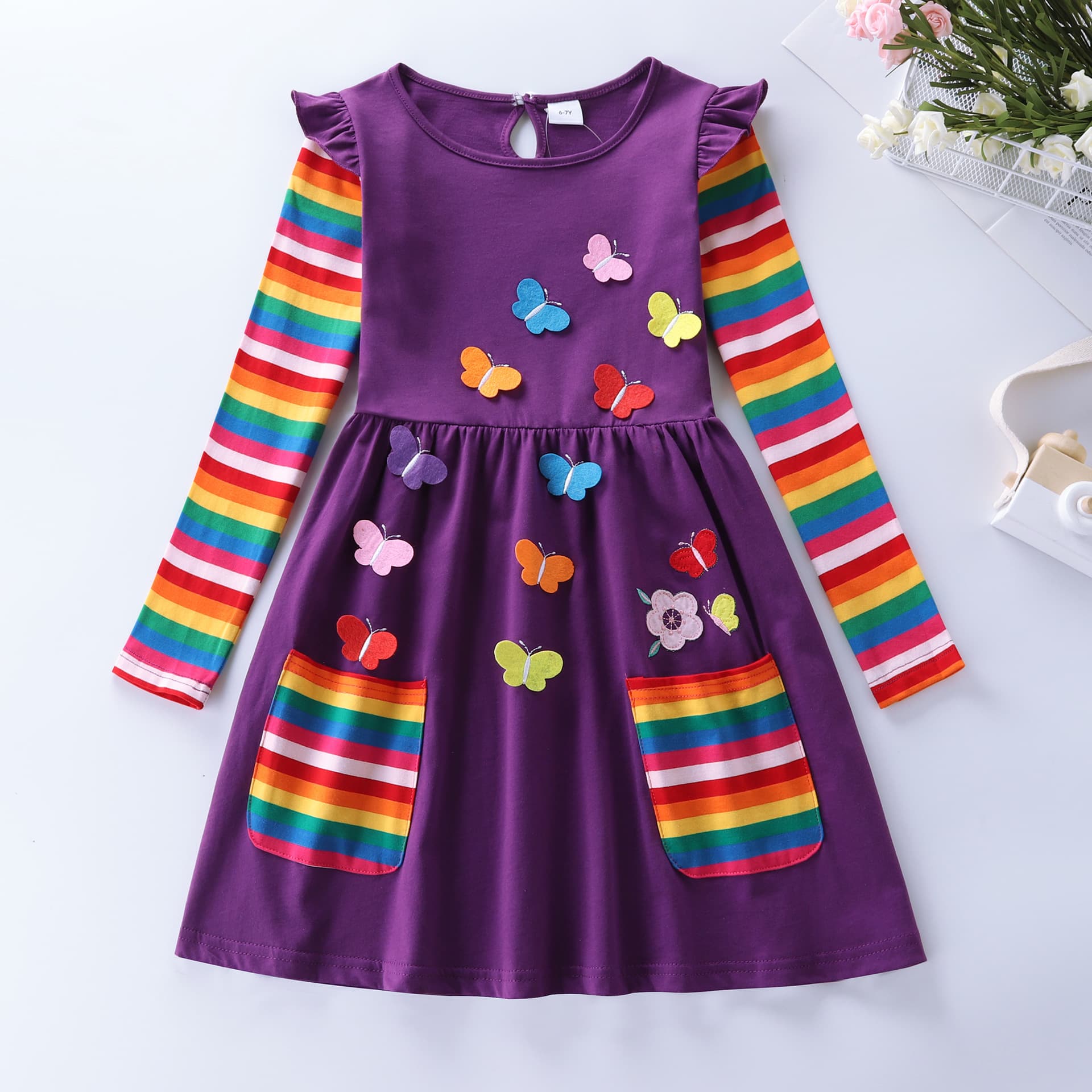 Girls Long Sleeve Dress Casual Cute Embroidered Pocket Girls Cotton Dress LH81058