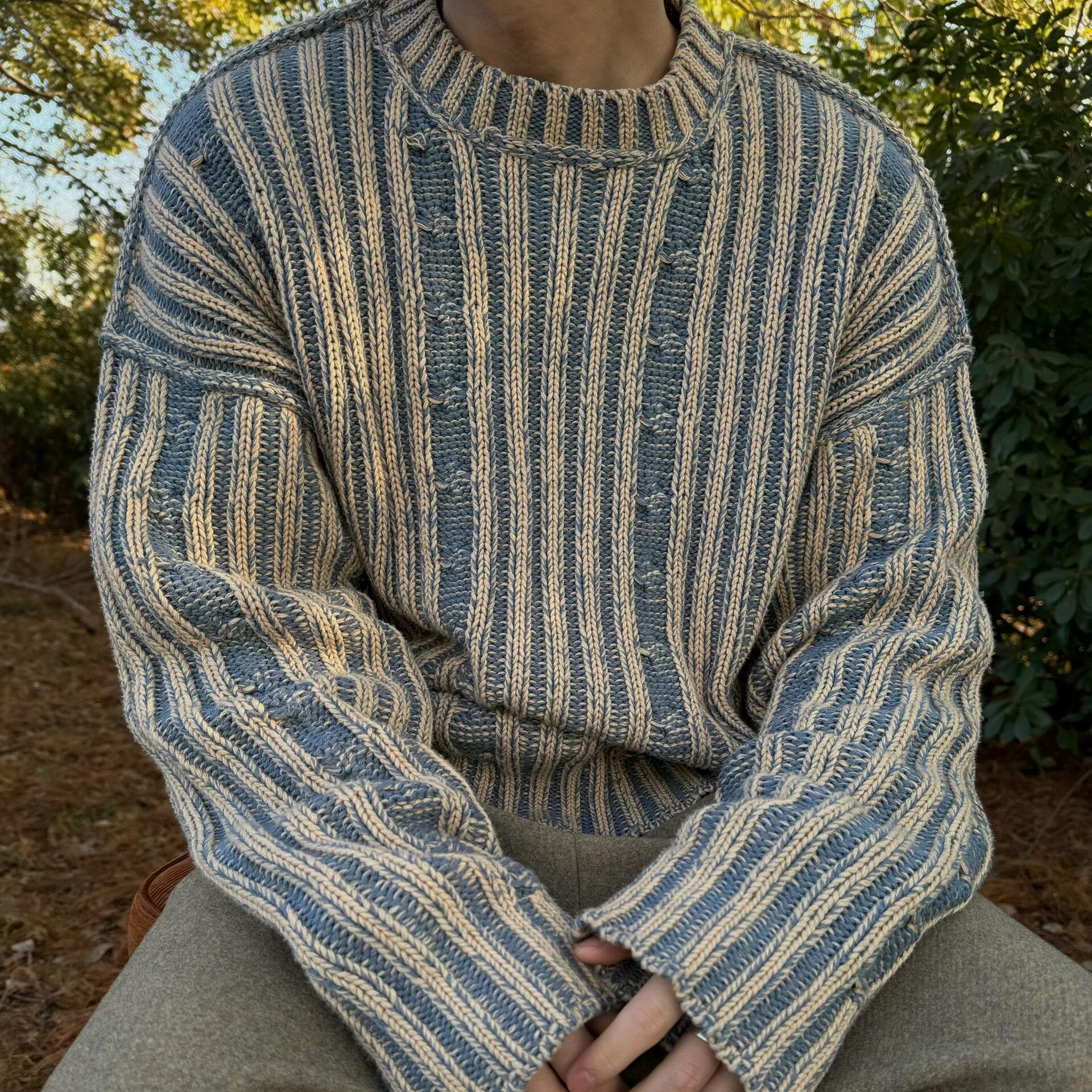 Reversible Premium Sweater for Men, Korean Style Retro Striped Contrast Color Round Neck Casual Couple Knitwear