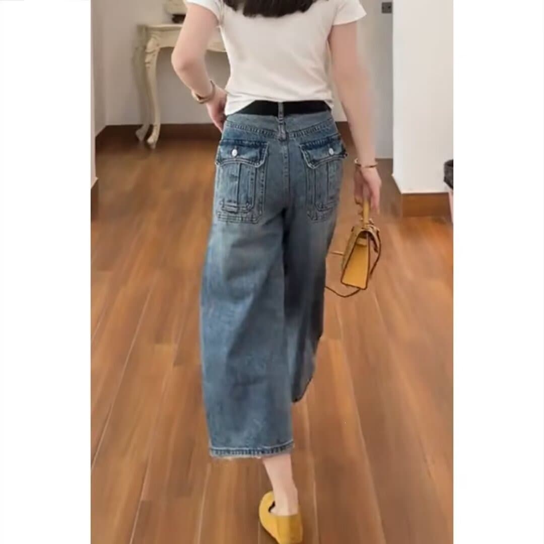American Wide-Leg Jeans for Women Summer Thin Style 2026 New Plus Size Slimming Loose 8/10 Length Straight-Leg Pants