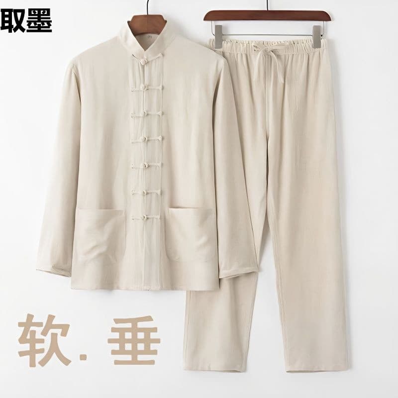 Loose Cotton Linen Long Sleeve Tai Chi Suit for Men Traditional Chinese Style Vintage Buttoning Casual Wear for Middle Aged And Elderly