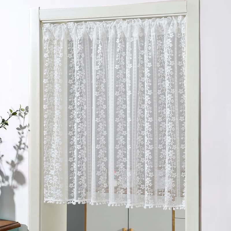 French Vintage Lace Door Curtain Sheer Partition Curtain Home No-Drill Half Curtain Light-Transmitting Sheer Feng Shui Curtain Rod Pocket