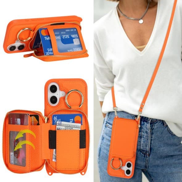 Compatible with iPhone 17 Case 17Pro Pebble Grain Multi-Functional Zipper Pouch Ring Crossbody Anti-Drop Leather Case