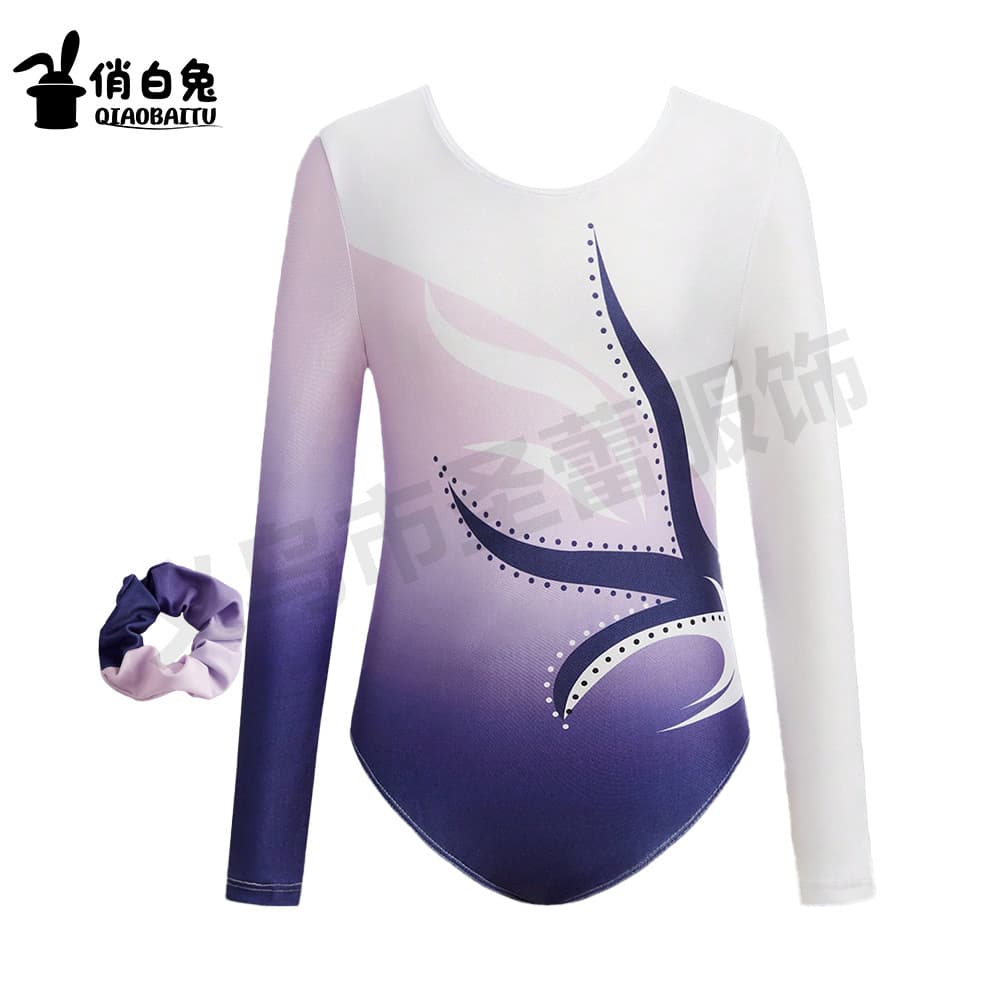 Cross-border children's gymnastics clothing summer new high-elastic jumpsuit printed knitted girls' sports long-sleeved clothes