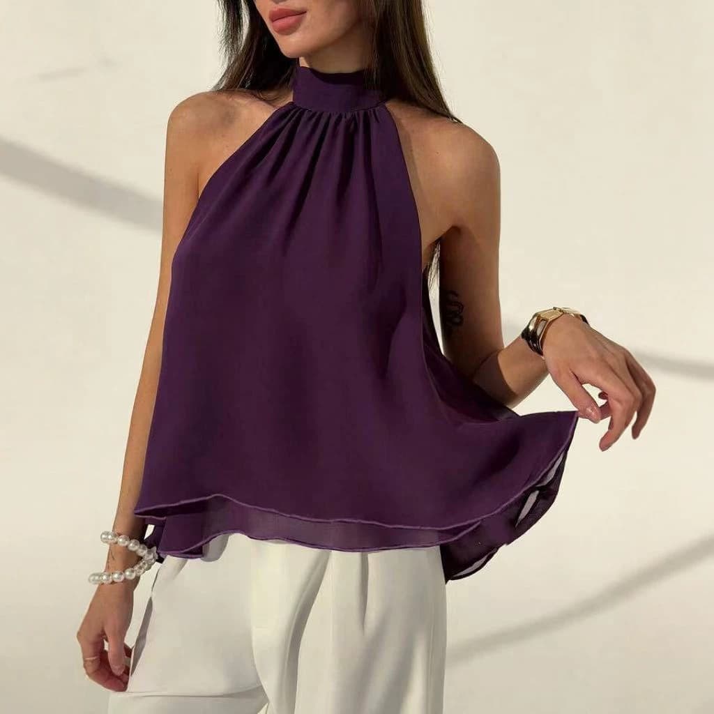 European and American Cross-Border Bestseller Back Tie Stand Collar Casual Women's Summer Double Layer Chiffon Blouse Top Independent Station AliExpress