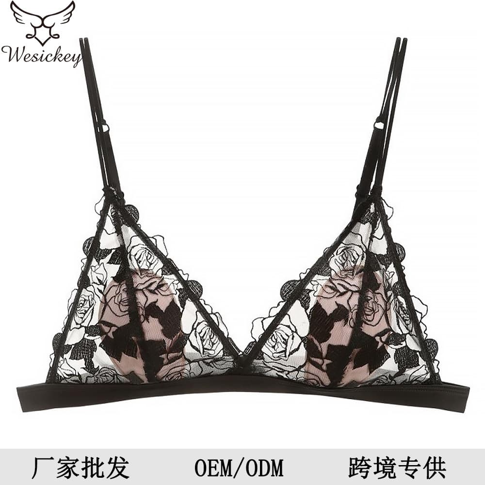 New French Triangle Cup Comfort Wireless Bra Rose Embroidery Lace Bra Thin Cotton Sexy Bra