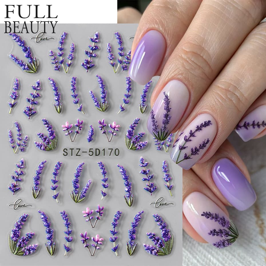 Cross-Border New Nail Art Stickers Spring Floral Lavender Ladybug Bee Embossed 5D Three-Dimensional Adhesive Nail Stickers