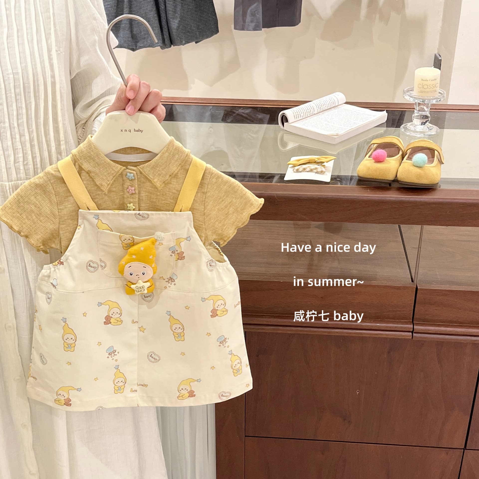 【Xian Ning Qi】Cute star person! Original design girls' short-sleeved T-shirt summer suspender skirt two-piece set