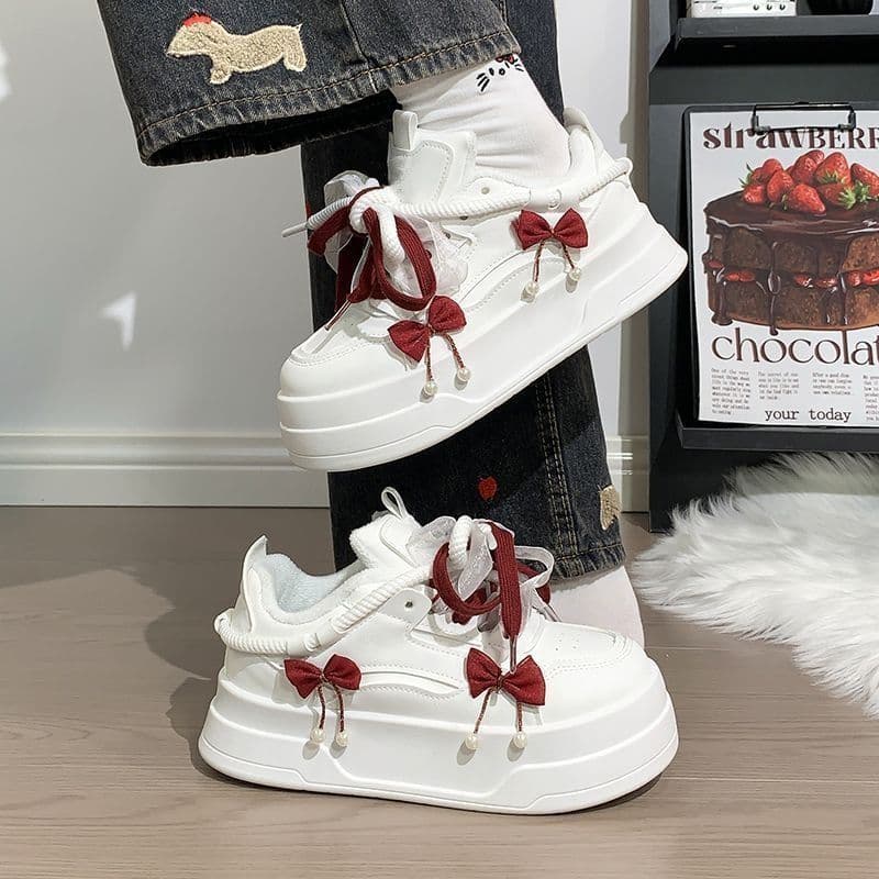 Spring Red Ribbon Bow Versatile Student White Shoes 2026 Trendy Thick Sole Height-Increasing Platform Sneakers for Women