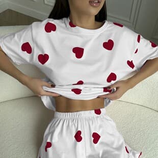 Wildberries European American Cross-Border Women's Pajamas Heart Print Short Sleeve Shorts Two-Piece Loungewear Set